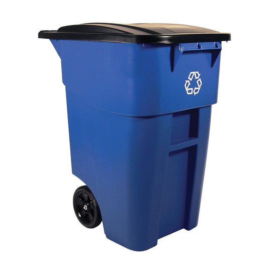 Brute Recycling Rollout Container With Lid, 50 Gallon, Blue